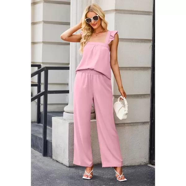 imageluvamia Two Piece Outfits for Women Flowy Square Neck Top High Waisted Wide Leg Pants with Pockets Vacation 2 Piece SetsCameo Pink