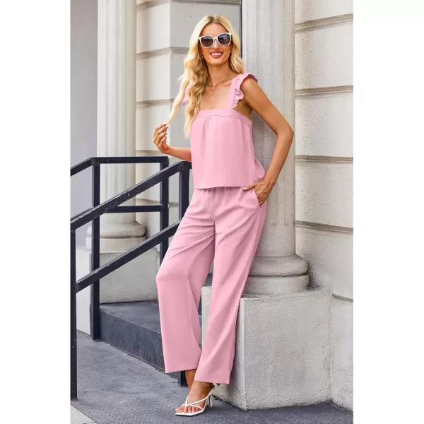 imageluvamia Two Piece Outfits for Women Flowy Square Neck Top High Waisted Wide Leg Pants with Pockets Vacation 2 Piece SetsCameo Pink