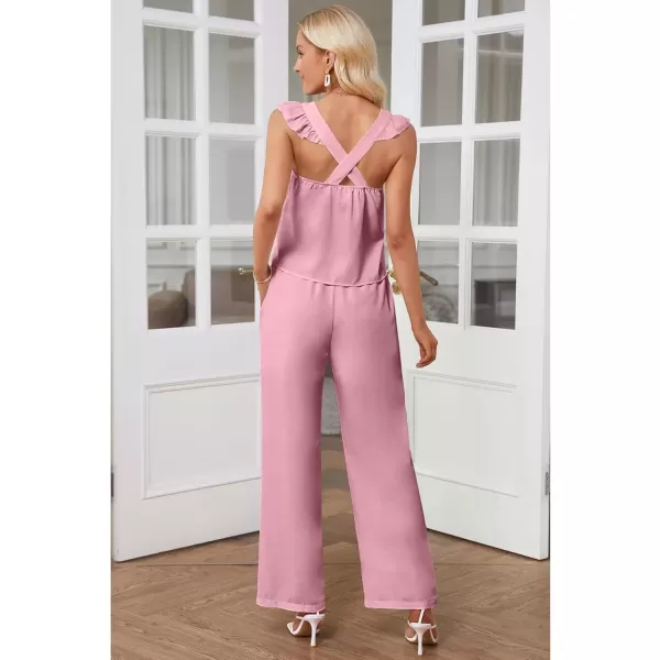 imageluvamia Two Piece Outfits for Women Flowy Square Neck Top High Waisted Wide Leg Pants with Pockets Vacation 2 Piece SetsCameo Pink