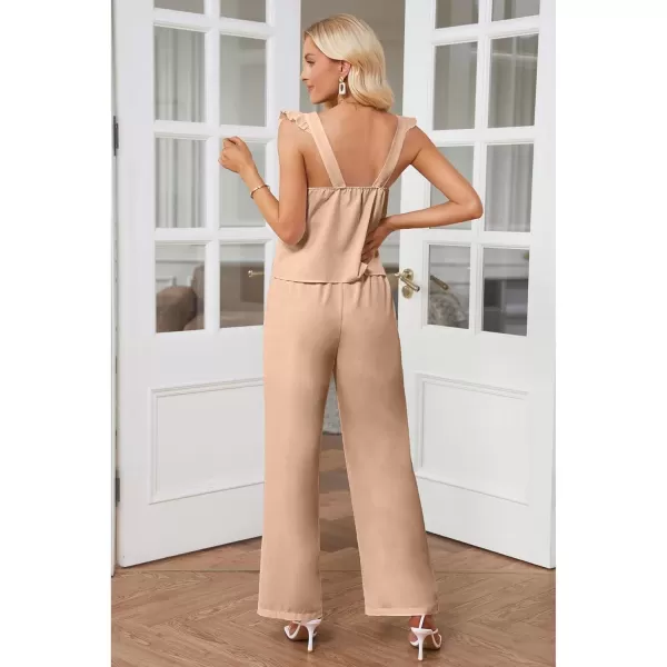 imageluvamia Two Piece Outfits for Women Flowy Square Neck Top High Waisted Wide Leg Pants with Pockets Vacation 2 Piece SetsNovelle Peach