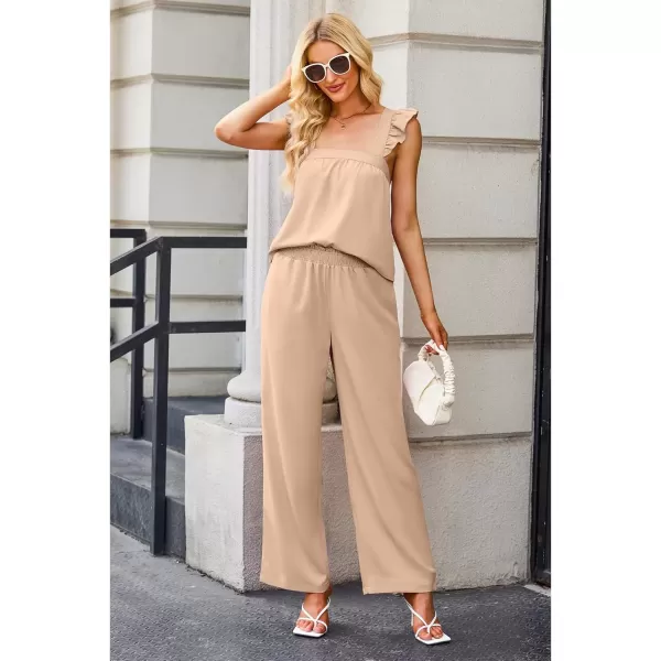 imageluvamia Two Piece Outfits for Women Flowy Square Neck Top High Waisted Wide Leg Pants with Pockets Vacation 2 Piece SetsNovelle Peach