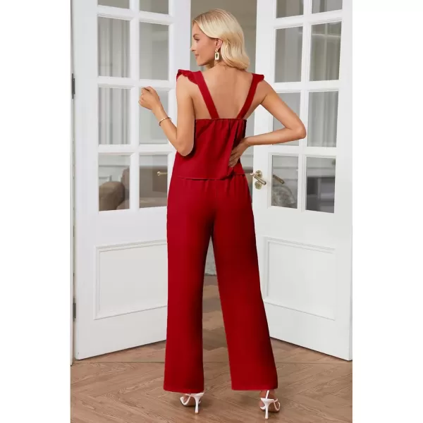 imageluvamia Two Piece Outfits for Women Flowy Square Neck Top High Waisted Wide Leg Pants with Pockets Vacation 2 Piece SetsTrue Red