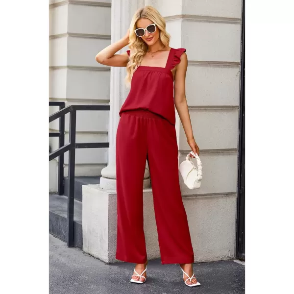 imageluvamia Two Piece Outfits for Women Flowy Square Neck Top High Waisted Wide Leg Pants with Pockets Vacation 2 Piece SetsTrue Red