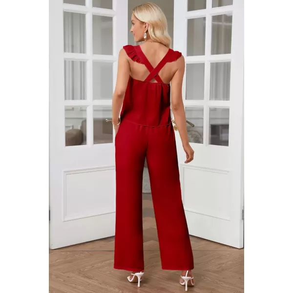 imageluvamia Two Piece Outfits for Women Flowy Square Neck Top High Waisted Wide Leg Pants with Pockets Vacation 2 Piece SetsTrue Red