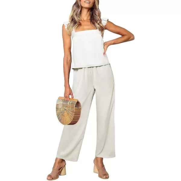 imageluvamia Two Piece Outfits for Women Flowy Square Neck Top High Waisted Wide Leg Pants with Pockets Vacation 2 Piece SetsWhite