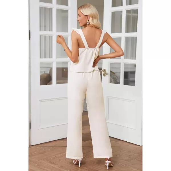 imageluvamia Two Piece Outfits for Women Flowy Square Neck Top High Waisted Wide Leg Pants with Pockets Vacation 2 Piece SetsWhite