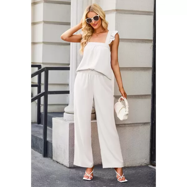 imageluvamia Two Piece Outfits for Women Flowy Square Neck Top High Waisted Wide Leg Pants with Pockets Vacation 2 Piece SetsWhite