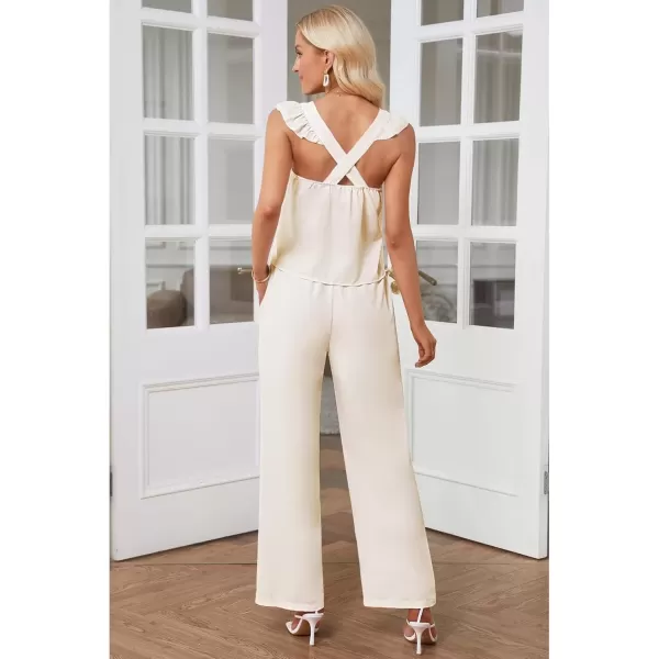 imageluvamia Two Piece Outfits for Women Flowy Square Neck Top High Waisted Wide Leg Pants with Pockets Vacation 2 Piece SetsWhite