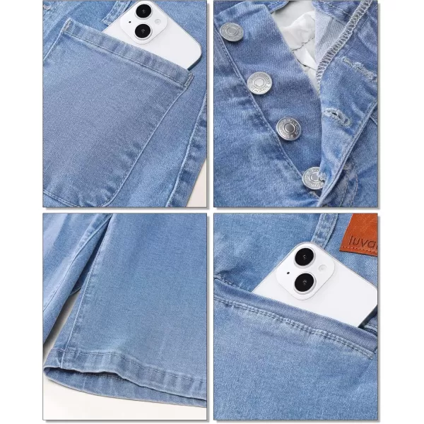 imageluvamia Bermuda Shorts for Women Jean High Waisted Trendy Patch Pockets Casual Summer Button Fly Stretchy Denim ShortsBay Blue