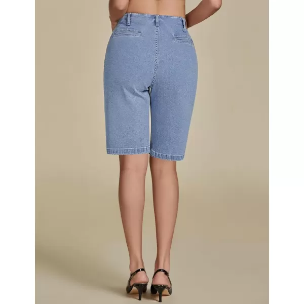 imageluvamia Bermuda Shorts for Women Jean High Waisted Trendy Patch Pockets Casual Summer Button Fly Stretchy Denim ShortsBay Blue