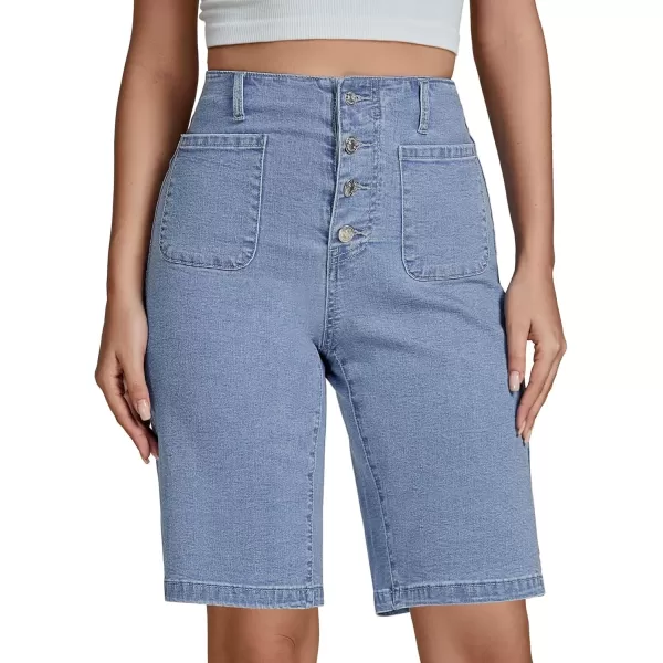 imageluvamia Bermuda Shorts for Women Jean High Waisted Trendy Patch Pockets Casual Summer Button Fly Stretchy Denim ShortsBay Blue