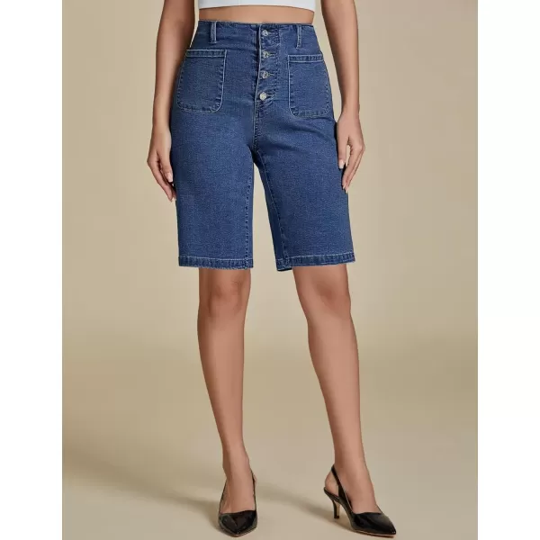 imageluvamia Bermuda Shorts for Women Jean High Waisted Trendy Patch Pockets Casual Summer Button Fly Stretchy Denim ShortsClassic Blue
