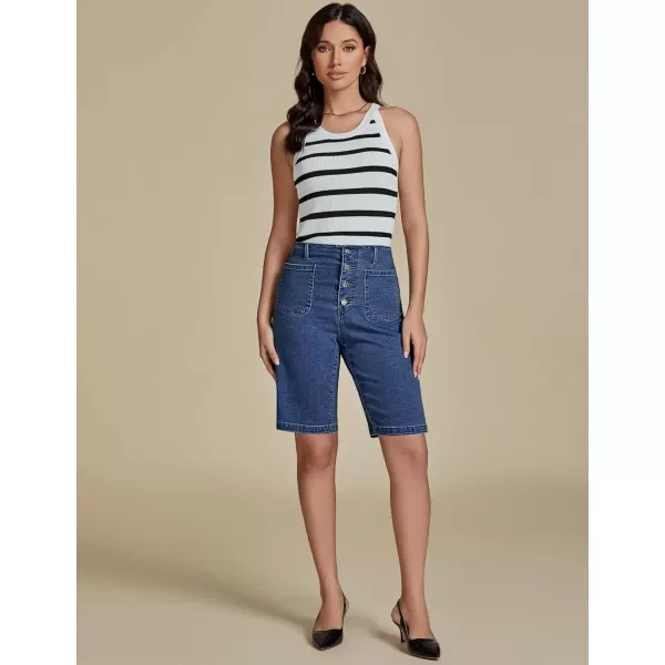 imageluvamia Bermuda Shorts for Women Jean High Waisted Trendy Patch Pockets Casual Summer Button Fly Stretchy Denim ShortsClassic Blue