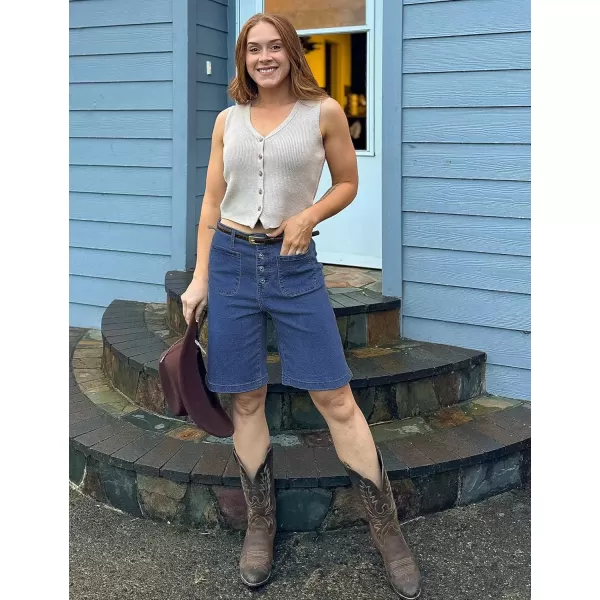 imageluvamia Bermuda Shorts for Women Jean High Waisted Trendy Patch Pockets Casual Summer Button Fly Stretchy Denim ShortsClassic Blue