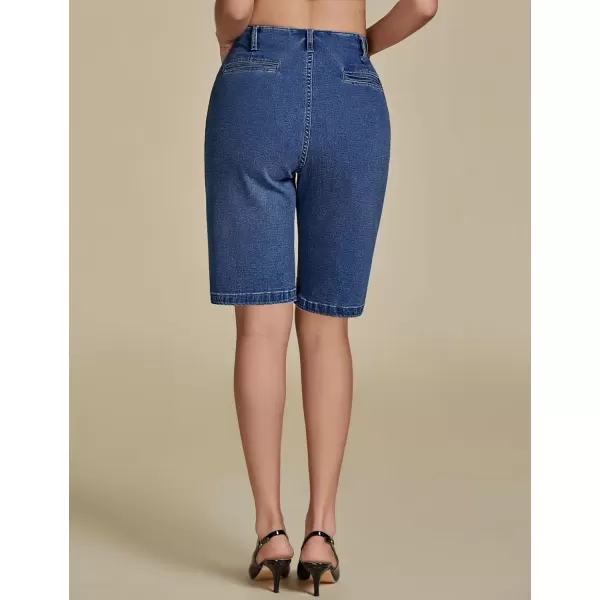 imageluvamia Bermuda Shorts for Women Jean High Waisted Trendy Patch Pockets Casual Summer Button Fly Stretchy Denim ShortsClassic Blue