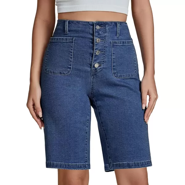 imageluvamia Bermuda Shorts for Women Jean High Waisted Trendy Patch Pockets Casual Summer Button Fly Stretchy Denim ShortsClassic Blue