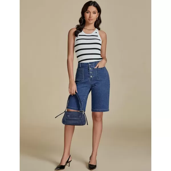 imageluvamia Bermuda Shorts for Women Jean High Waisted Trendy Patch Pockets Casual Summer Button Fly Stretchy Denim ShortsClassic Blue