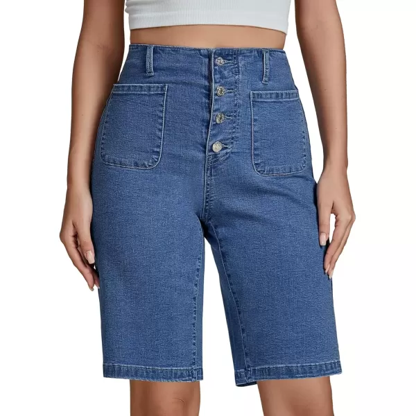 imageluvamia Bermuda Shorts for Women Jean High Waisted Trendy Patch Pockets Casual Summer Button Fly Stretchy Denim ShortsMedium Blue