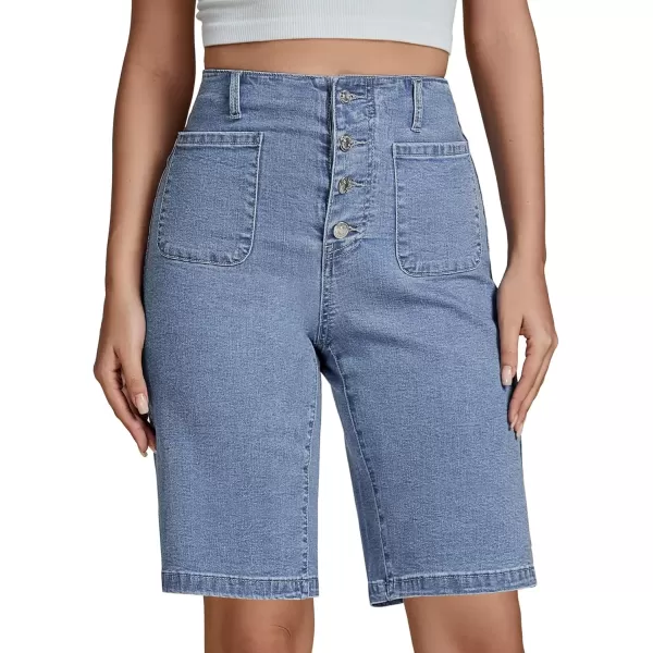 imageluvamia Bermuda Shorts for Women Jean High Waisted Trendy Patch Pockets Casual Summer Button Fly Stretchy Denim ShortsRoadknight Blue