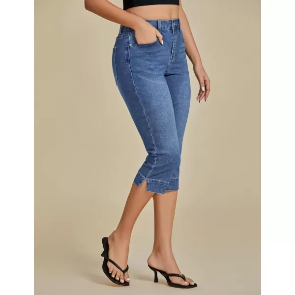 imageluvamia Capri Jeans for Women Trendy High Waisted Slim Split Hem Stretch Denim Jean Capris Cropped Pants Casual SummerClassic Blue