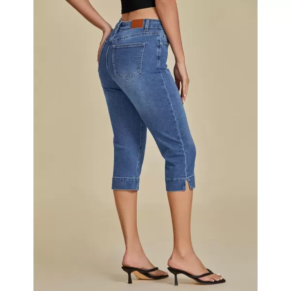 imageluvamia Capri Jeans for Women Trendy High Waisted Slim Split Hem Stretch Denim Jean Capris Cropped Pants Casual SummerClassic Blue