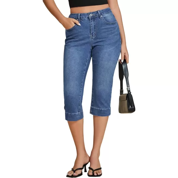 imageluvamia Capri Jeans for Women Trendy High Waisted Slim Split Hem Stretch Denim Jean Capris Cropped Pants Casual SummerClassic Blue