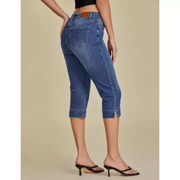 imageluvamia Capri Jeans for Women Trendy High Waisted Slim Split Hem Stretch Denim Jean Capris Cropped Pants Casual SummerNightfall Blue
