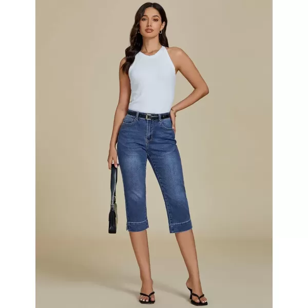 imageluvamia Capri Jeans for Women Trendy High Waisted Slim Split Hem Stretch Denim Jean Capris Cropped Pants Casual SummerNightfall Blue