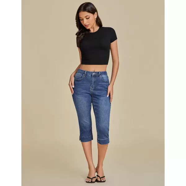 imageluvamia Capri Jeans for Women Trendy High Waisted Slim Split Hem Stretch Denim Jean Capris Cropped Pants Casual SummerNightfall Blue