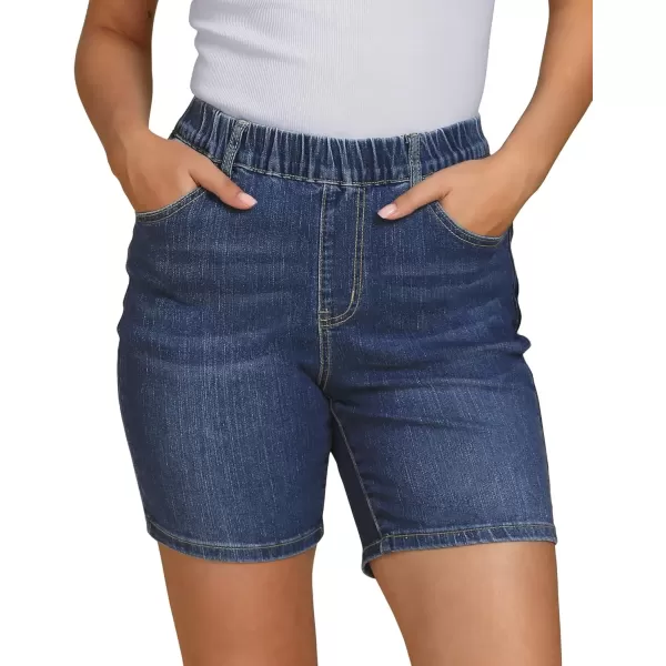 imageluvamia Jean Shorts for Women Trendy Pull On Mid Rise Elastic Waist Summer Casual Stretchy Long Denim Walking ShortsIndigo Dark Blue