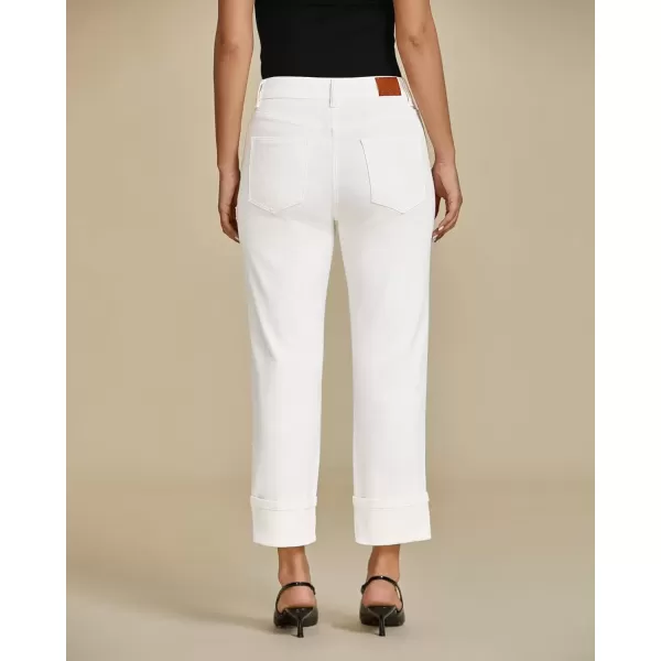 imageluvamia Straight Leg Jeans for Women Trendy Cropped High Waisted Cuffed Hem Stretchy Boyfriend Capri Jeans with PocketsCream White