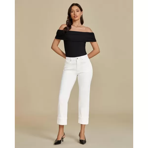 imageluvamia Straight Leg Jeans for Women Trendy Cropped High Waisted Cuffed Hem Stretchy Boyfriend Capri Jeans with PocketsCream White