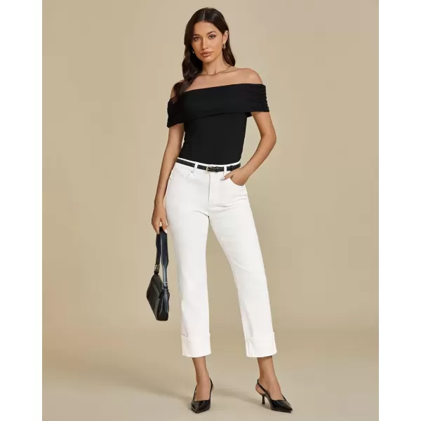 imageluvamia Straight Leg Jeans for Women Trendy Cropped High Waisted Cuffed Hem Stretchy Boyfriend Capri Jeans with PocketsCream White