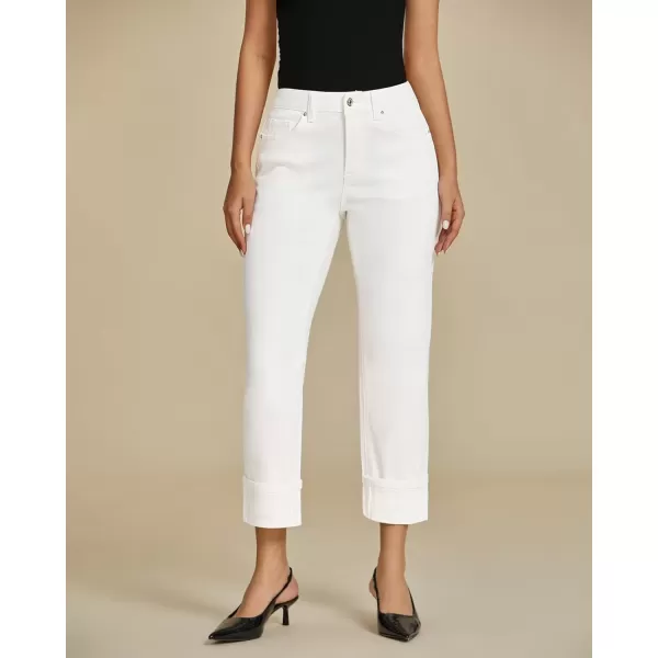 imageluvamia Straight Leg Jeans for Women Trendy Cropped High Waisted Cuffed Hem Stretchy Boyfriend Capri Jeans with PocketsCream White
