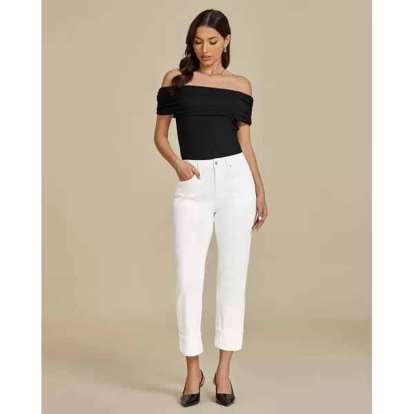 imageluvamia Straight Leg Jeans for Women Trendy Cropped High Waisted Cuffed Hem Stretchy Boyfriend Capri Jeans with PocketsCream White