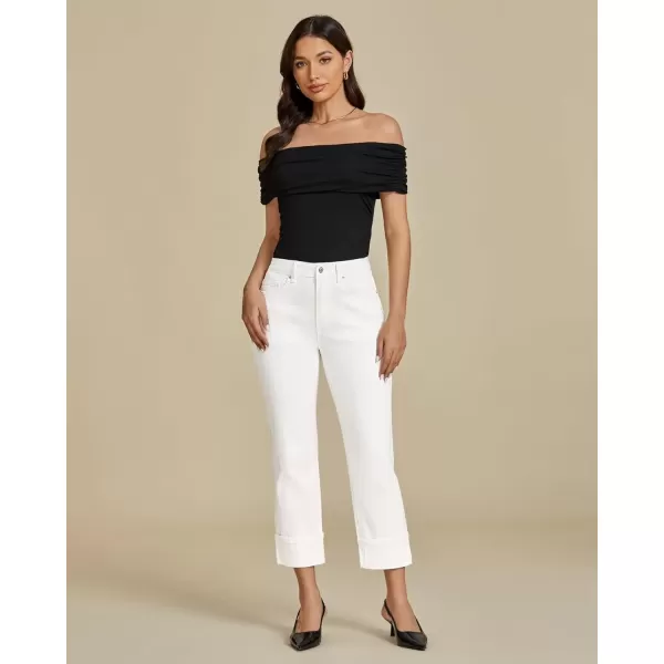 imageluvamia Straight Leg Jeans for Women Trendy Cropped High Waisted Cuffed Hem Stretchy Boyfriend Capri Jeans with PocketsCream White
