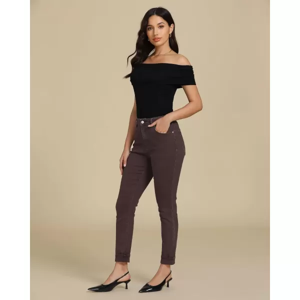 imageluvamia Skinny Jeans for Women Trendy High Waisted Fold Hem Slim Fit Stretchy Denim Pants Jeggings Jeans with PocketsBrown