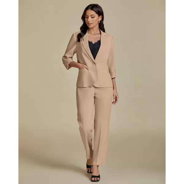 imageluvamia Pant Suits for Women Dressy 2 Piece Business Casual Outfits 34 Sleeve Blazer Straight Leg Pant Sets Office WorkBeige