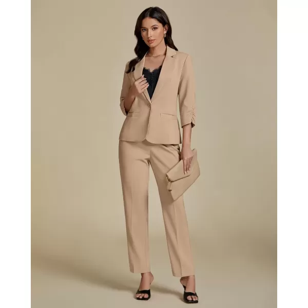 imageluvamia Pant Suits for Women Dressy 2 Piece Business Casual Outfits 34 Sleeve Blazer Straight Leg Pant Sets Office WorkBeige