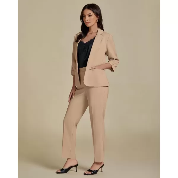 imageluvamia Pant Suits for Women Dressy 2 Piece Business Casual Outfits 34 Sleeve Blazer Straight Leg Pant Sets Office WorkBeige