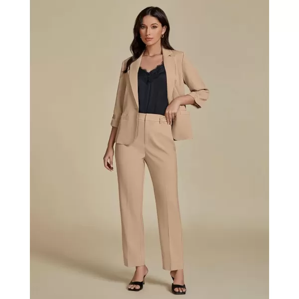 imageluvamia Pant Suits for Women Dressy 2 Piece Business Casual Outfits 34 Sleeve Blazer Straight Leg Pant Sets Office WorkBeige