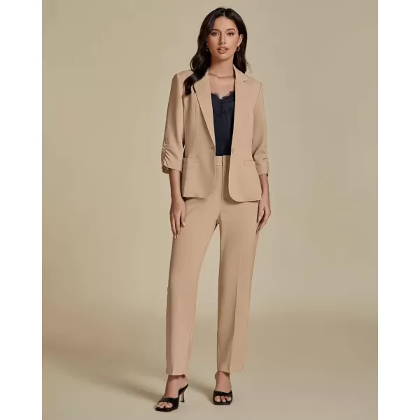 imageluvamia Pant Suits for Women Dressy 2 Piece Business Casual Outfits 34 Sleeve Blazer Straight Leg Pant Sets Office WorkBeige