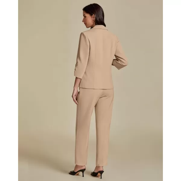 imageluvamia Pant Suits for Women Dressy 2 Piece Business Casual Outfits 34 Sleeve Blazer Straight Leg Pant Sets Office WorkBeige