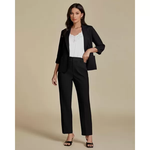 imageluvamia Pant Suits for Women Dressy 2 Piece Business Casual Outfits 34 Sleeve Blazer Straight Leg Pant Sets Office WorkBlack