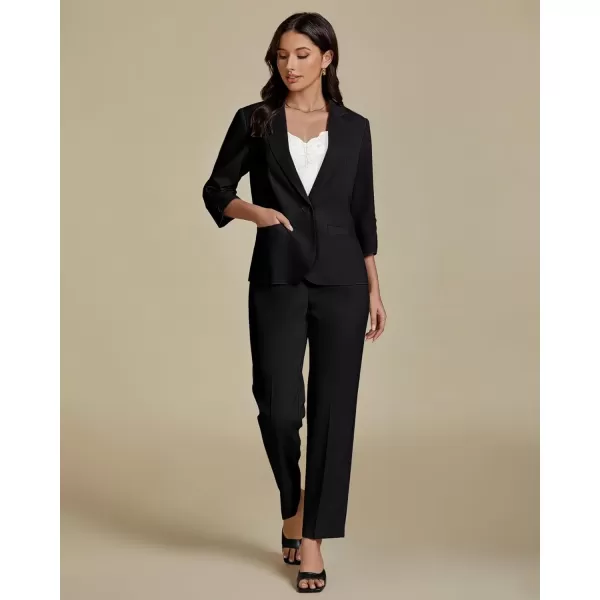 imageluvamia Pant Suits for Women Dressy 2 Piece Business Casual Outfits 34 Sleeve Blazer Straight Leg Pant Sets Office WorkBlack