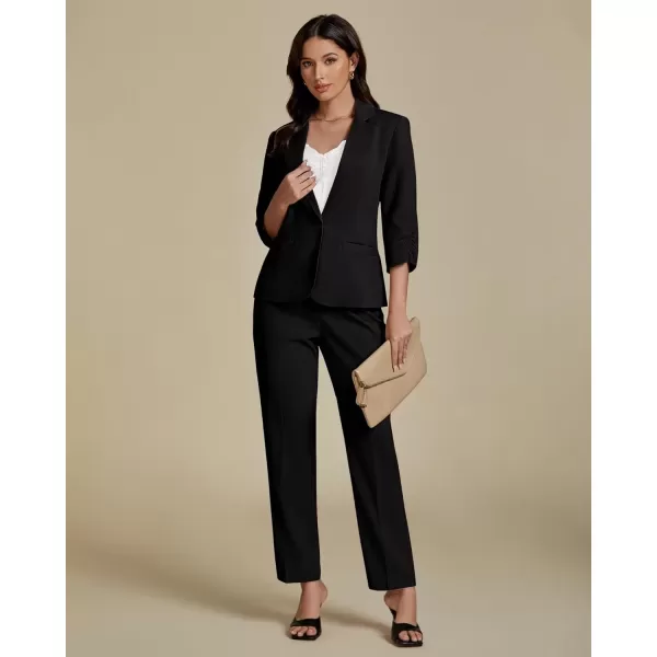 imageluvamia Pant Suits for Women Dressy 2 Piece Business Casual Outfits 34 Sleeve Blazer Straight Leg Pant Sets Office WorkBlack