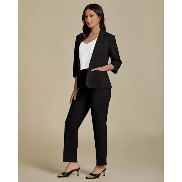 imageluvamia Pant Suits for Women Dressy 2 Piece Business Casual Outfits 34 Sleeve Blazer Straight Leg Pant Sets Office WorkBlack