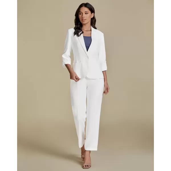 imageluvamia Pant Suits for Women Dressy 2 Piece Business Casual Outfits 34 Sleeve Blazer Straight Leg Pant Sets Office WorkCream White