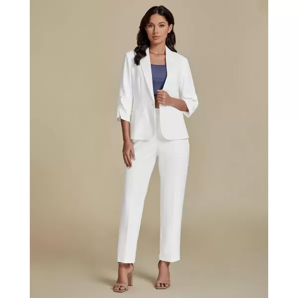 imageluvamia Pant Suits for Women Dressy 2 Piece Business Casual Outfits 34 Sleeve Blazer Straight Leg Pant Sets Office WorkCream White