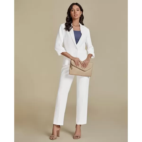 imageluvamia Pant Suits for Women Dressy 2 Piece Business Casual Outfits 34 Sleeve Blazer Straight Leg Pant Sets Office WorkCream White